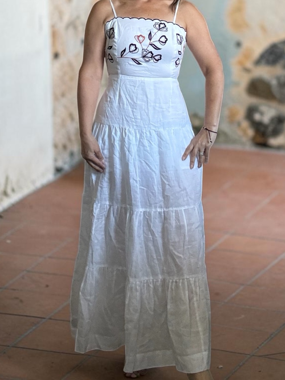 Karina Grimaldi silk embroidered white maxi dress size medium